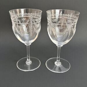 Set of 2 Antique Vintage Needle Etched Water Glass Crystal Cascade Czc1 1920s